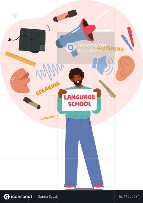 Man Holding Language School Sign  Illustration