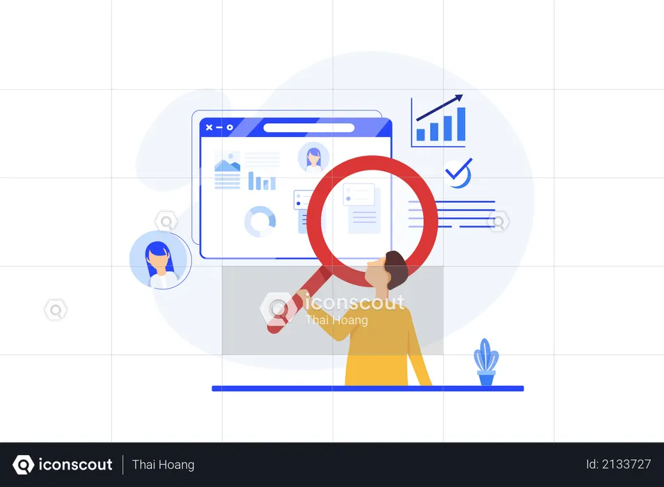 Man holding magnifying glass doing marketing research from sites  Illustration