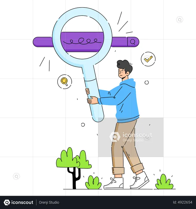 Man holding magnifying glass looking at the website  Illustration
