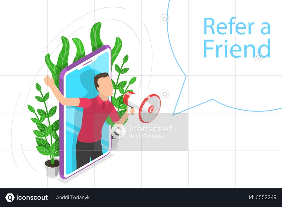 Man holding megaphone and  refer a friend online  Illustration