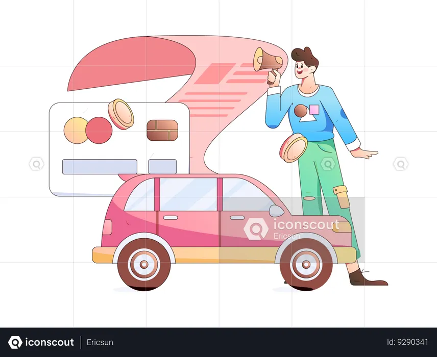 Man holding megaphone while announcing car insurance policy payment  Illustration