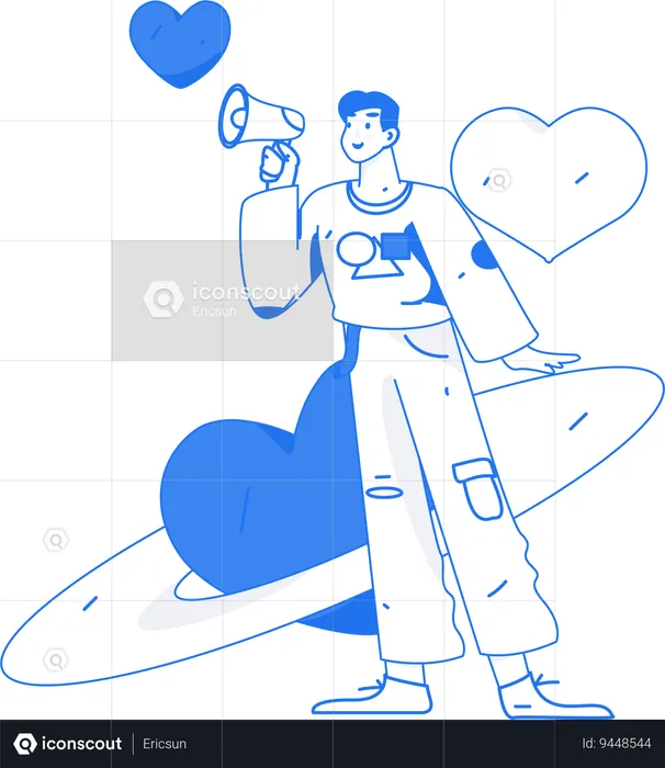 Man holding megaphone while doing valentine marketing  Illustration