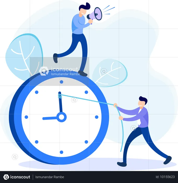 Man holding megaphone while other guy pulling time  Illustration