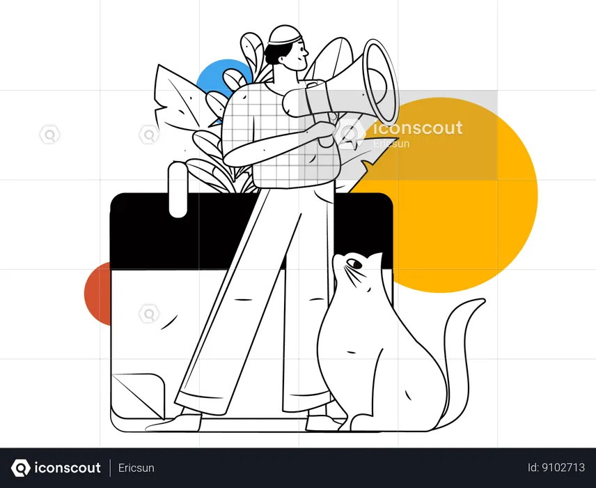 Man holding megaphone with cat  Illustration