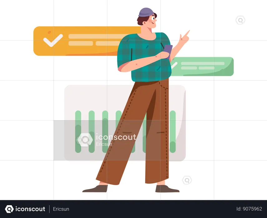 Man holding mobile and doing online analysis  Illustration