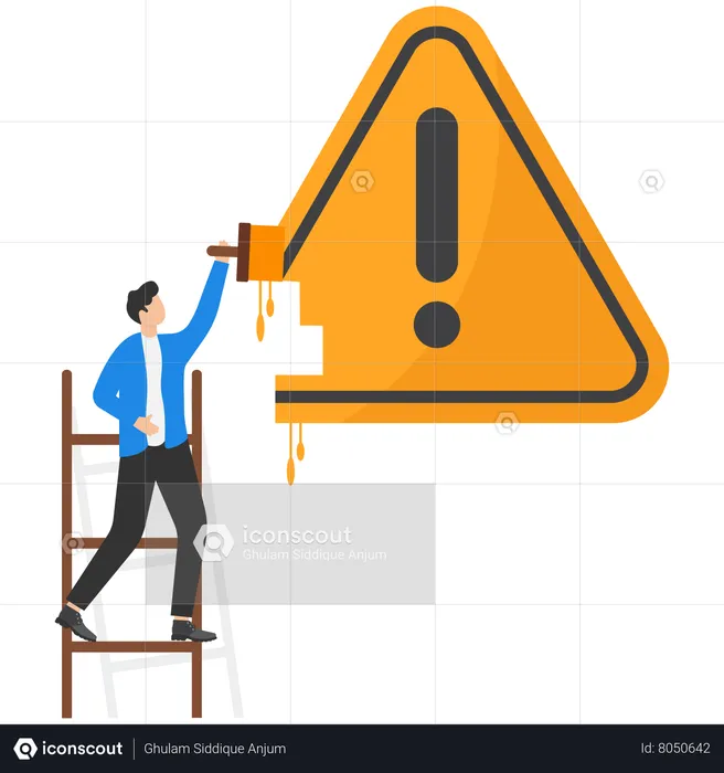 Man holding paint roller to paint wall exclamation attention sign  Illustration