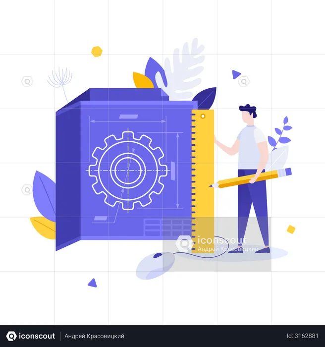 Man holding pencil and ruler and document with gear wheel scheme  Illustration
