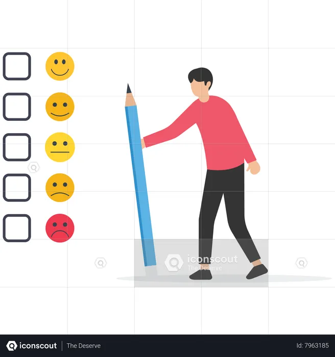 Man holding pencil thinking about experience and giving rating on questionnaire with happy  Illustration