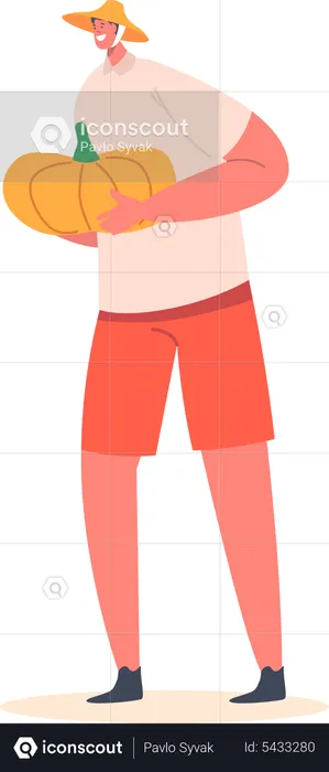 Man Holding Pumpkin in Hands  Illustration