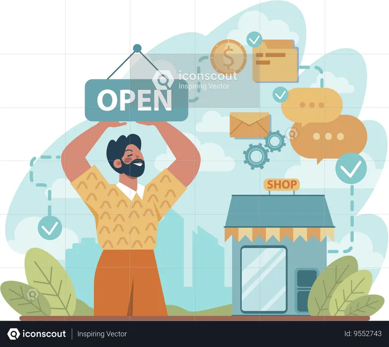 Man holding shop open board  Illustration