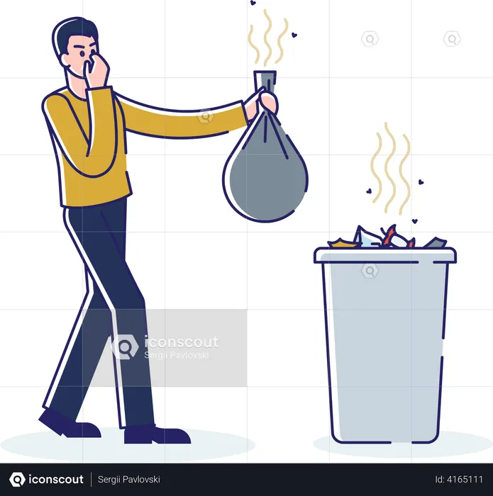 Man holding smelly bag of waste  Illustration