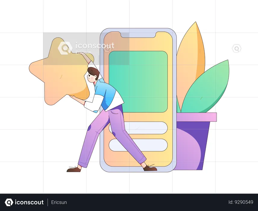 Man holding star while giving online review using mobile  Illustration