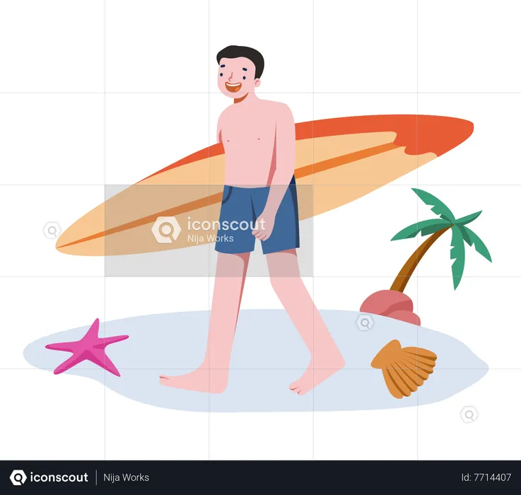 Man holding surfing board and enjoying at beach  Illustration