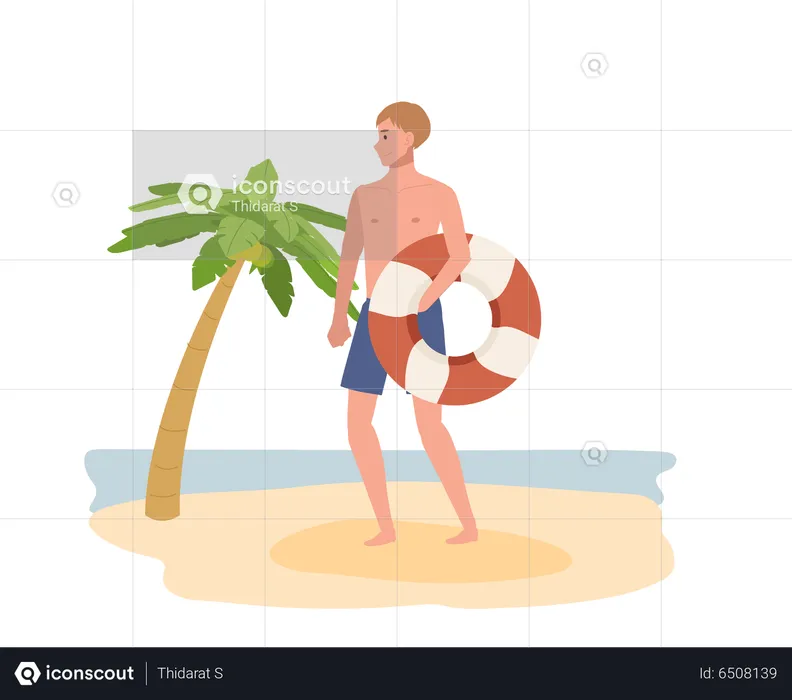 Man holding swim ring on the beach  Illustration