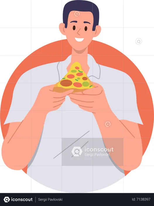 Man holding tasty pizza slice ready to eat delicious junk fast food snack  Illustration