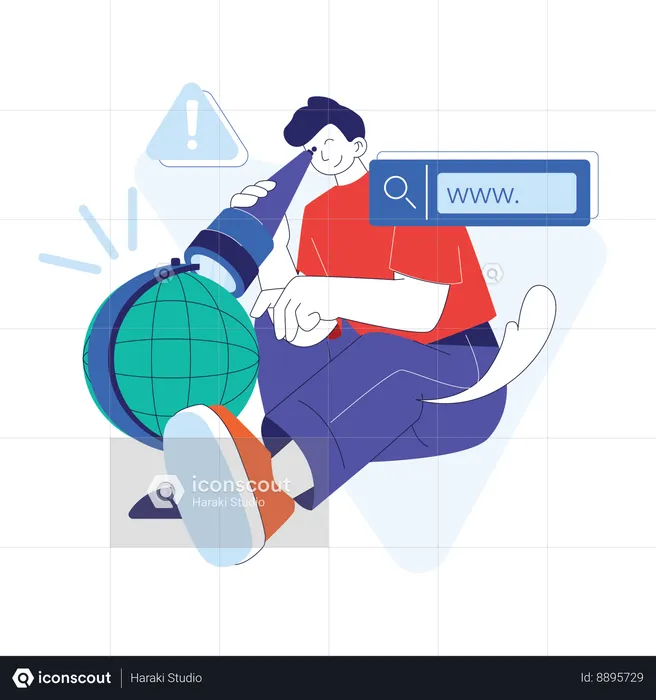 Man holding telescope and looking at browser  Illustration