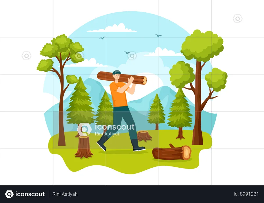 Man holding Timber log  Illustration