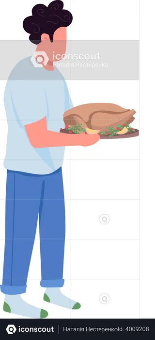 Man holding tray with turkey  Illustration