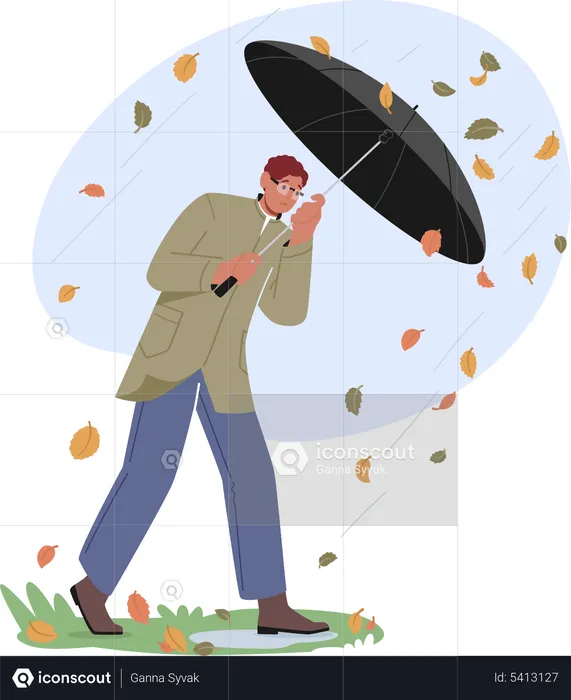 Man Holding Umbrella and Protecting from Rain  Illustration