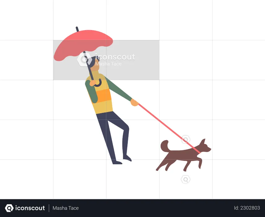 Man holding umbrella walking with his dog  Illustration