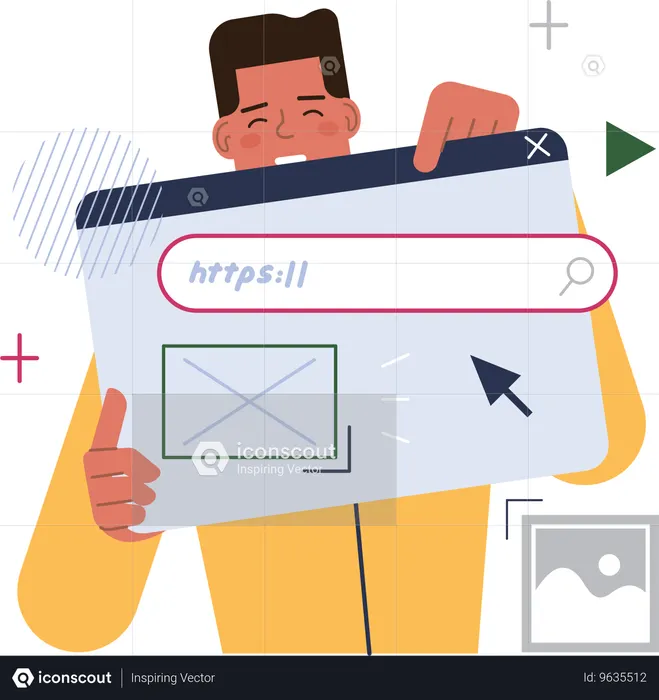 Man holding website while click on hyperlink  Illustration