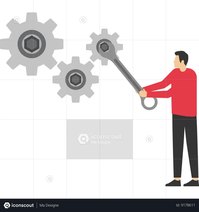 Man holding wrench while doing repair work  Illustration
