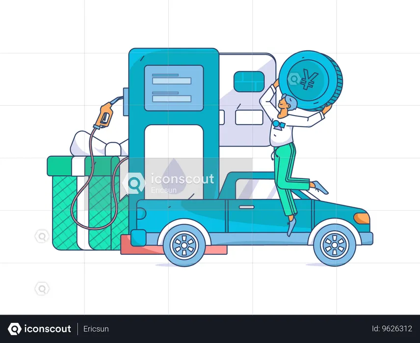 Man holding yen coin at fuel station  Illustration