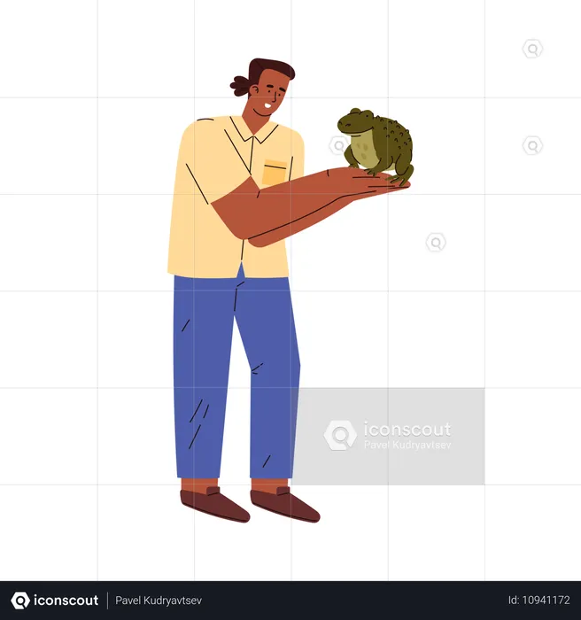 Man holds a big green frog in hands  Illustration