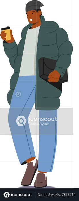 Man Holds Coffee Cup And Carries Bag  Illustration