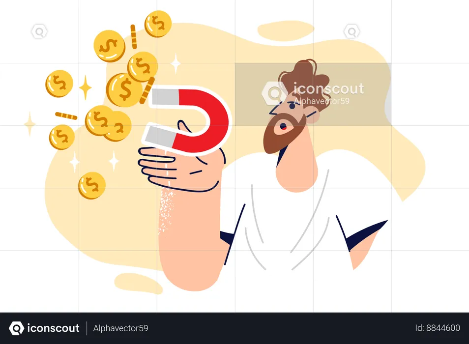 Man holds magnet that attracts gold coins and is engaged in money making  Illustration