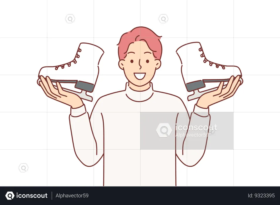 Man holds pair of ice skates in hands inviting you to sign up for figure skating or hockey courses  Illustration