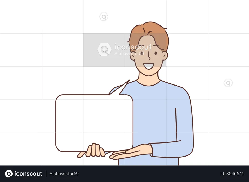 Man holds speech bubble and shows hand on copy space for informative text with important message  Illustration