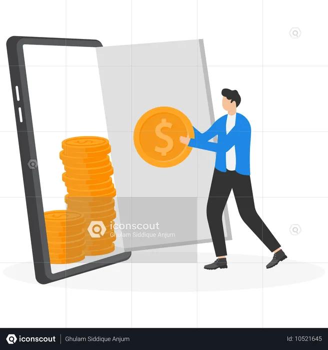 Man in a business suit near a smartphone and gold coins  Illustration