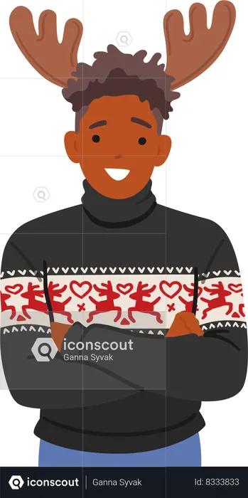 Man In A Festive Christmas Ugly Sweater Dons A Headband With Deer Antlers  Illustration