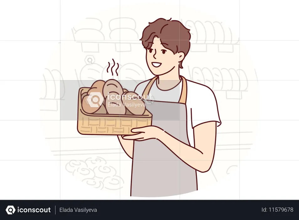 앞치마를 두른 빵 굽는 남자가 슈퍼마켓 고객을 위해 준비한 뜨거운 빵이 담긴 쟁반을 들고 있다  일러스트레이션