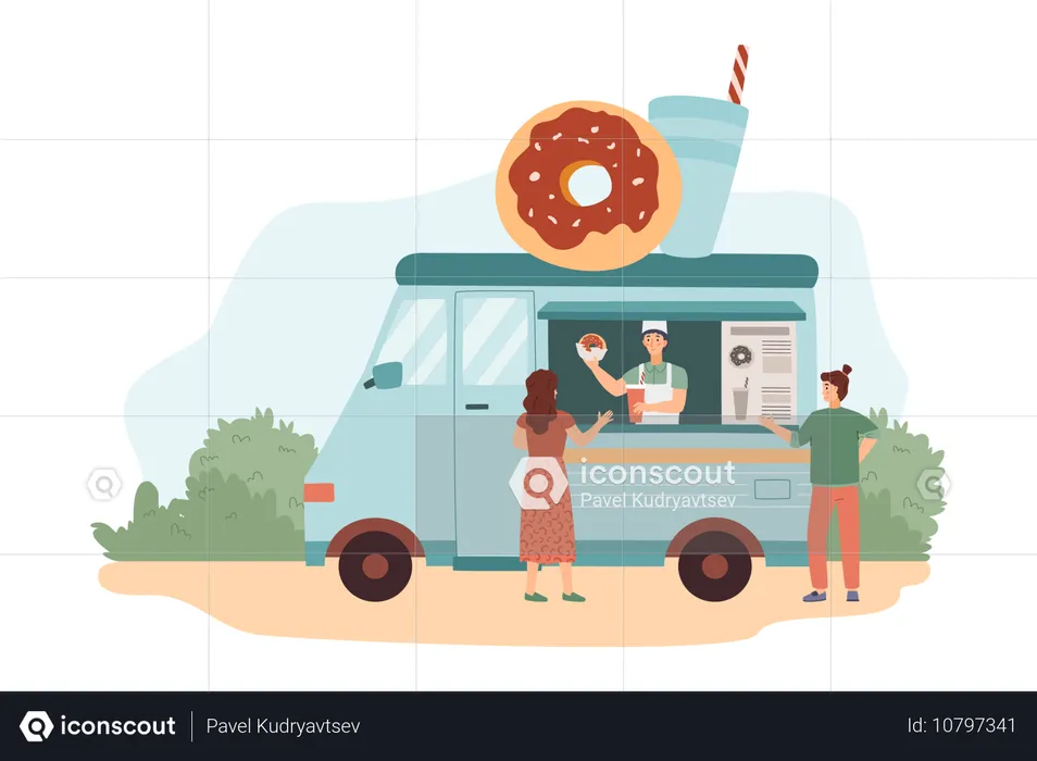 Man in apron sells donuts and drinks in van or truck  Illustration