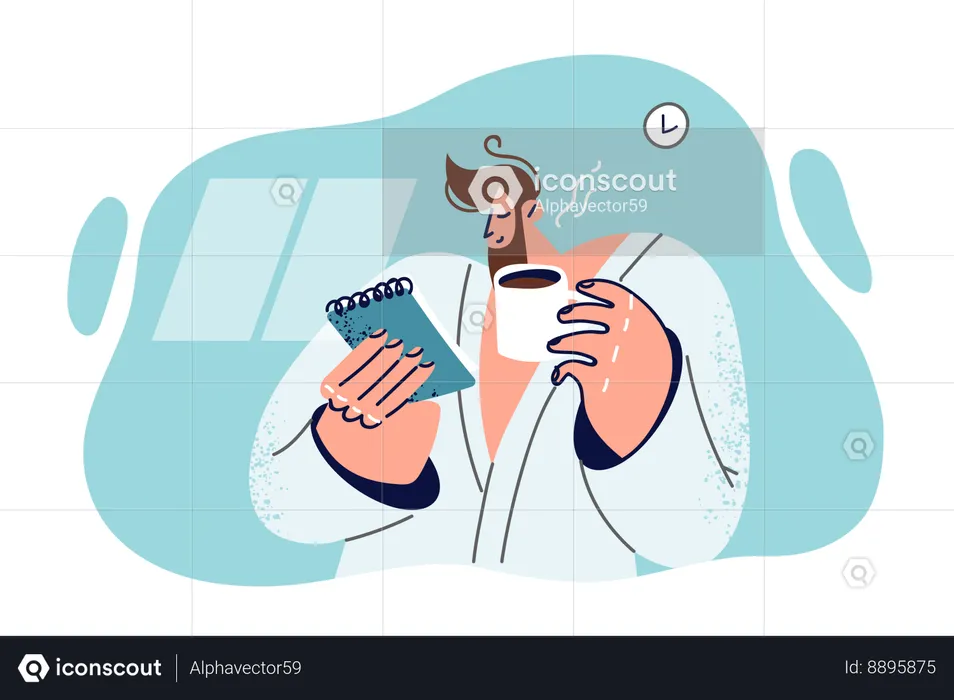 Man in bathrobe drinks coffee instead of breakfast and holds notebook  Illustration