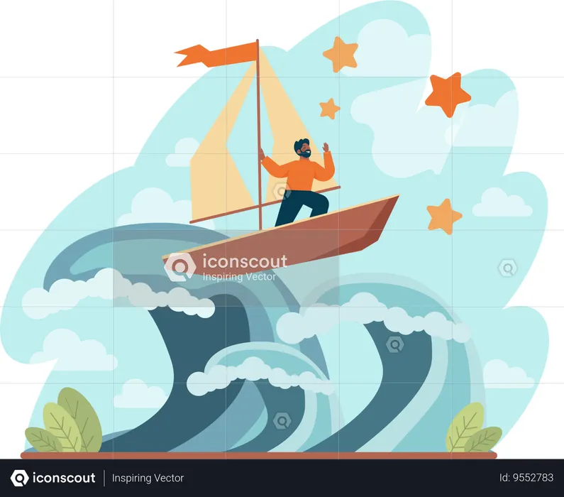Man in boat while looking for business direction  Illustration