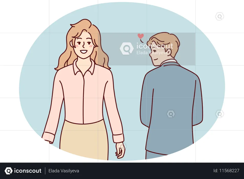 Man in business clothes looks back at beautiful woman having romantic feelings  Illustration