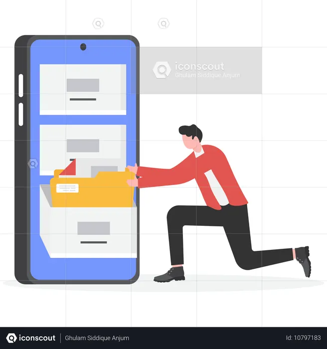 Man in business suit looking for file on shelves of archive  Illustration