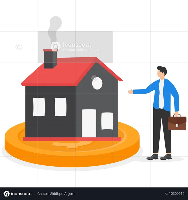 Man in business suits stand before the house standing on a large gold coin  Illustration