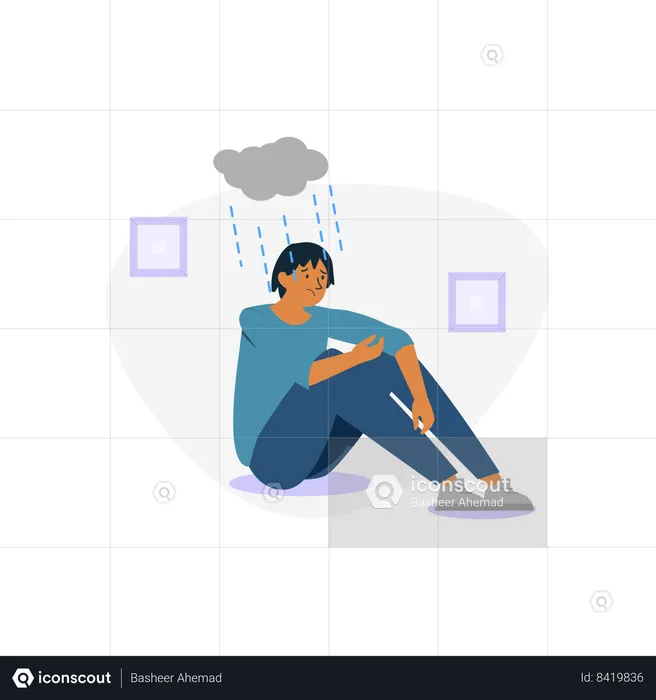 Man in depression sitting in rain  Illustration