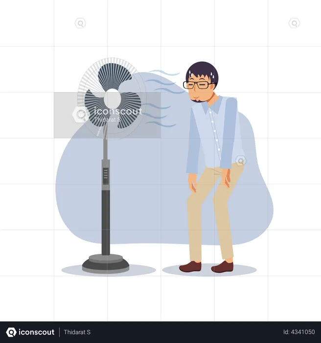 Man in front of an electric fan on hot summer days  Illustration