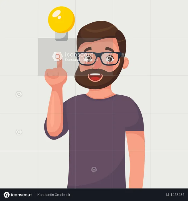 Man in in glasses with beard and a raised finger and bulb  Illustration