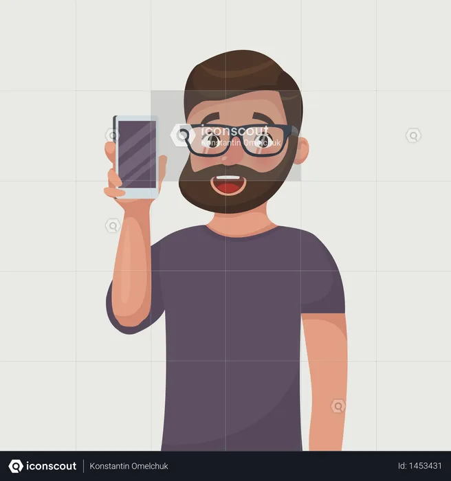 Man in glasses with beard is showing the phone  Illustration