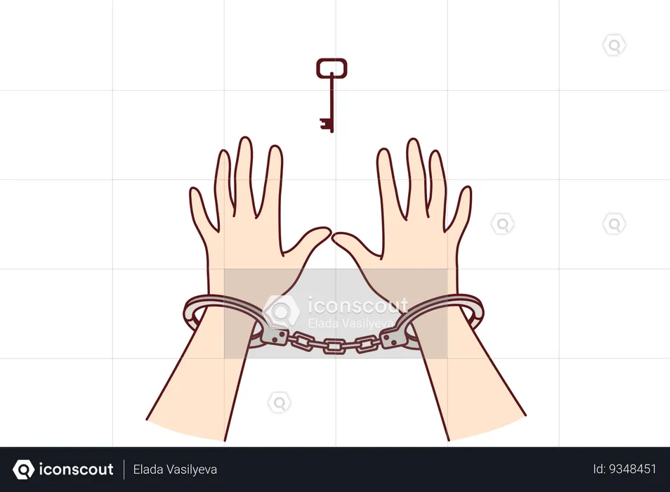 Man in handcuffs reaches for key wanting freedom metaphor for solution to problem found  Illustration
