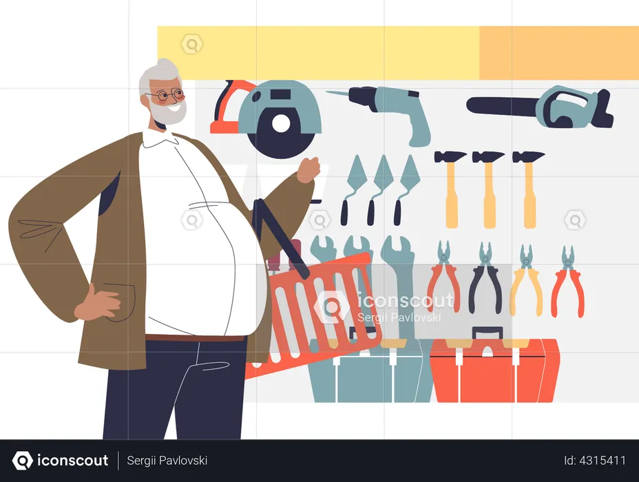 Man in hardware store choosing equipment for construction work or renovation at home  Illustration
