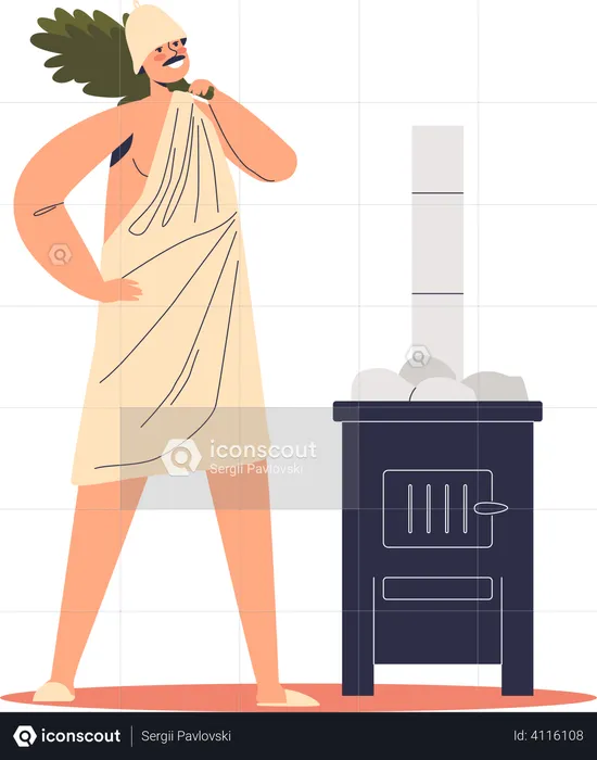 Man in hat and towel hold birch broom preparing for recreation in sauna or banya  Illustration