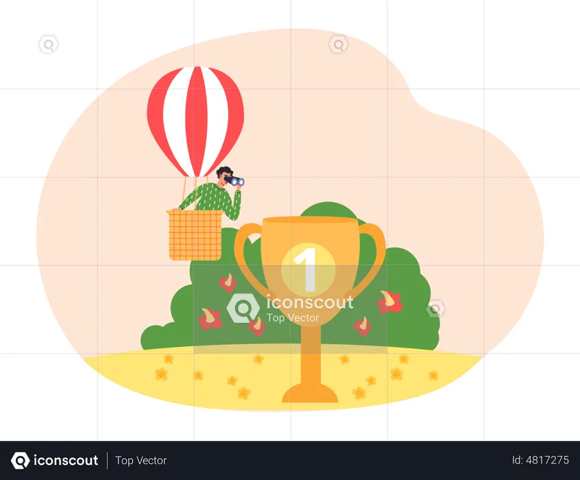 Man in hot air balloon looking at  cup  Illustration