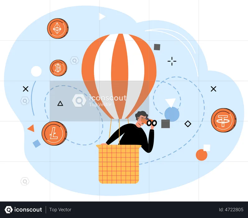 Man in hot air balloon looking for project for investment  Illustration